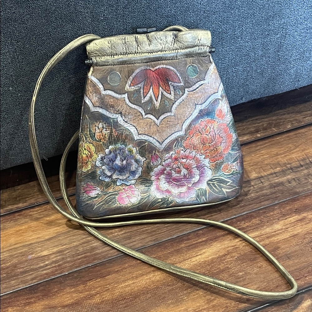 Hand-Painted Floral Crossbody Bag in Brown and Gold